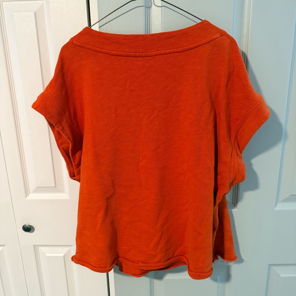 Maeve Anthropologie V-Neck Short Sleeve Sweatshirt Material in Bright Orange - Picture 3 of 3